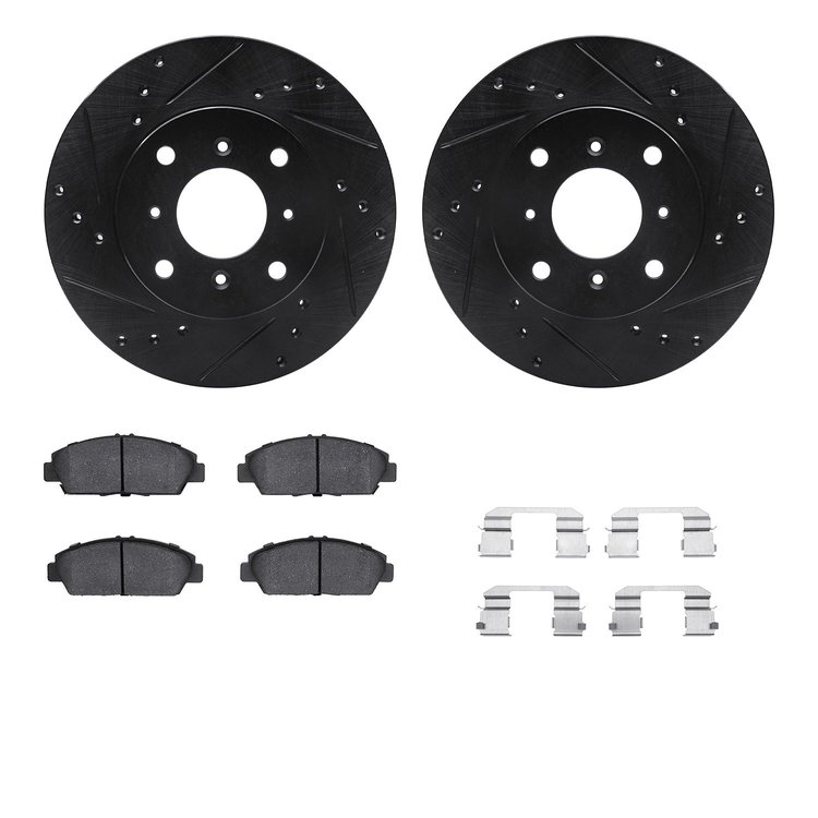 8312-59055 Drilled/Slotted Brake Rotors with 3000-Series Ceramic Brake Pads Kit & Hardware [Black], 1992-1996 Acura/Honda, Posit
