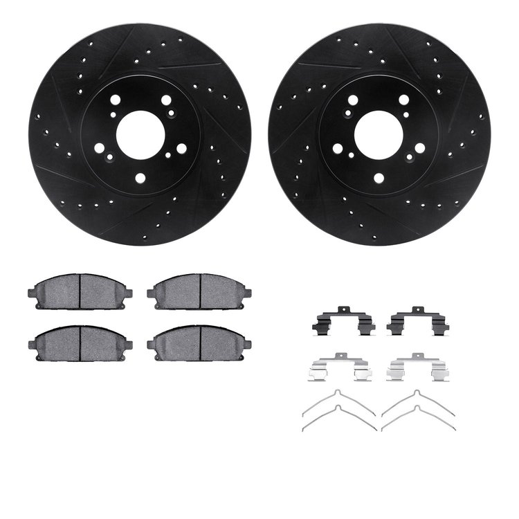 8312-59057 Drilled/Slotted Brake Rotors with 3000-Series Ceramic Brake Pads Kit & Hardware [Black], 2003-2006 Acura/Honda, Posit