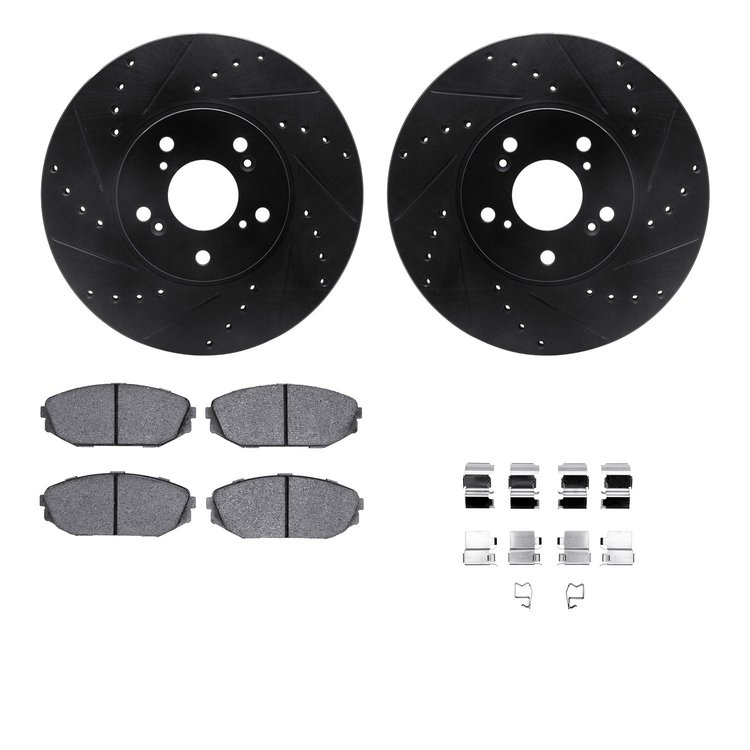 8312-59058 Drilled/Slotted Brake Rotors with 3000-Series Ceramic Brake Pads Kit & Hardware [Black], 1999-2004 Acura/Honda, Posit