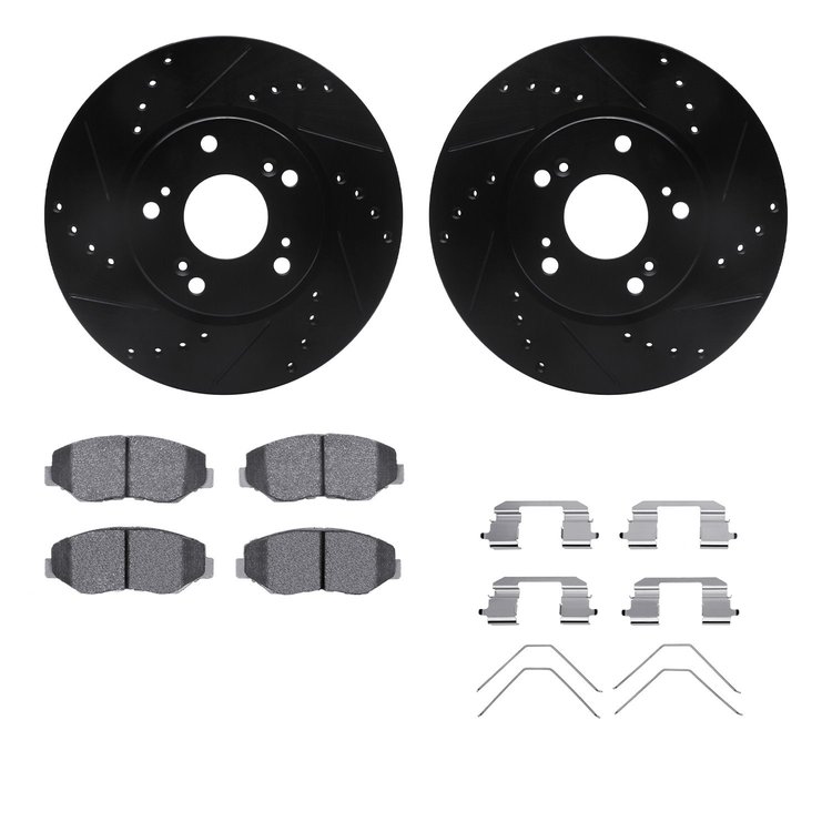 8312-59064 Drilled/Slotted Brake Rotors with 3000-Series Ceramic Brake Pads Kit & Hardware [Black], 2003-2017 Acura/Honda, Posit
