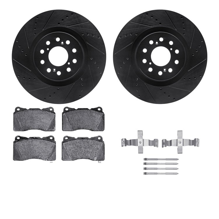 8312-59074 Drilled/Slotted Brake Rotors with 3000-Series Ceramic Brake Pads Kit & Hardware [Black], 2017-2021 Acura/Honda, Posit