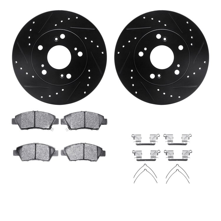 8312-59080 Drilled/Slotted Brake Rotors with 3000-Series Ceramic Brake Pads Kit & Hardware [Black], 2011-2015 Acura/Honda, Posit