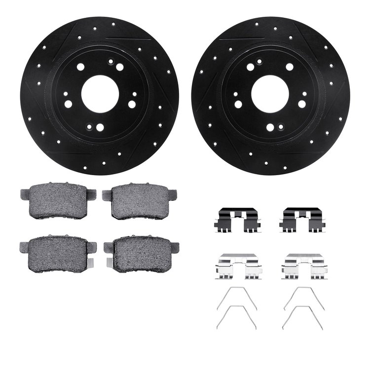 8312-59082 Drilled/Slotted Brake Rotors with 3000-Series Ceramic Brake Pads Kit & Hardware [Black], 2008-2017 Acura/Honda, Posit
