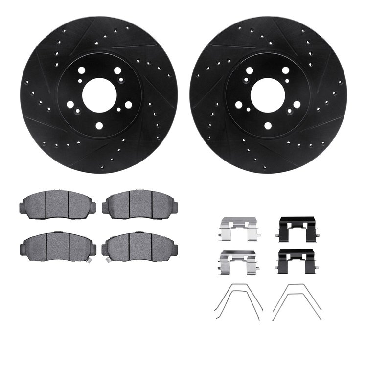 8312-59083 Drilled/Slotted Brake Rotors with 3000-Series Ceramic Brake Pads Kit & Hardware [Black], 1999-2014 Acura/Honda, Posit