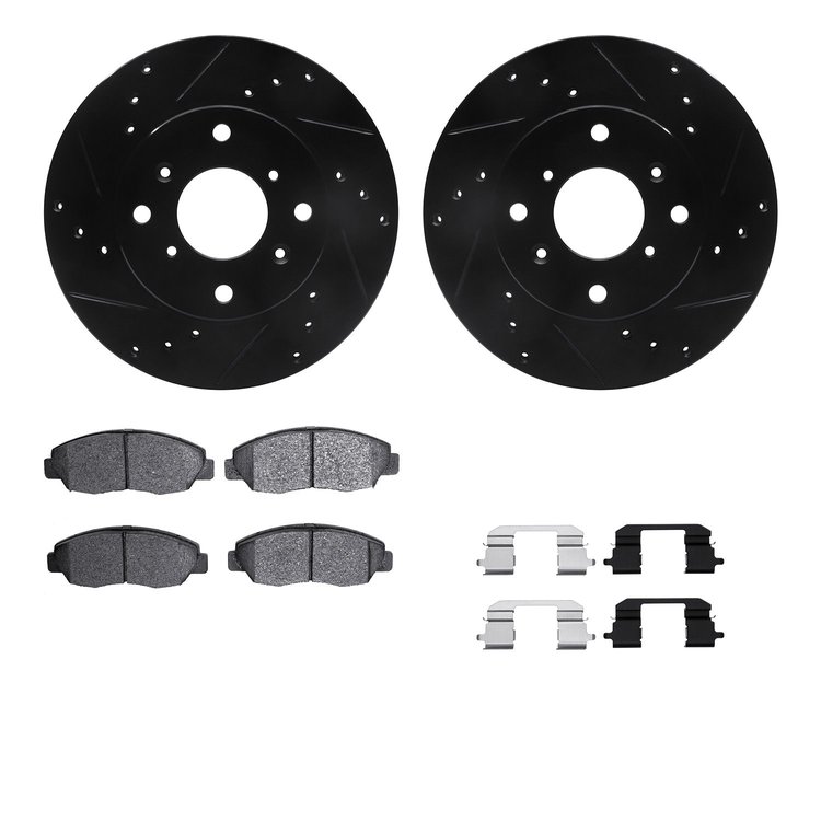 8312-59088 Drilled/Slotted Brake Rotors with 3000-Series Ceramic Brake Pads Kit & Hardware [Black], 1998-2002 Acura/Honda, Posit