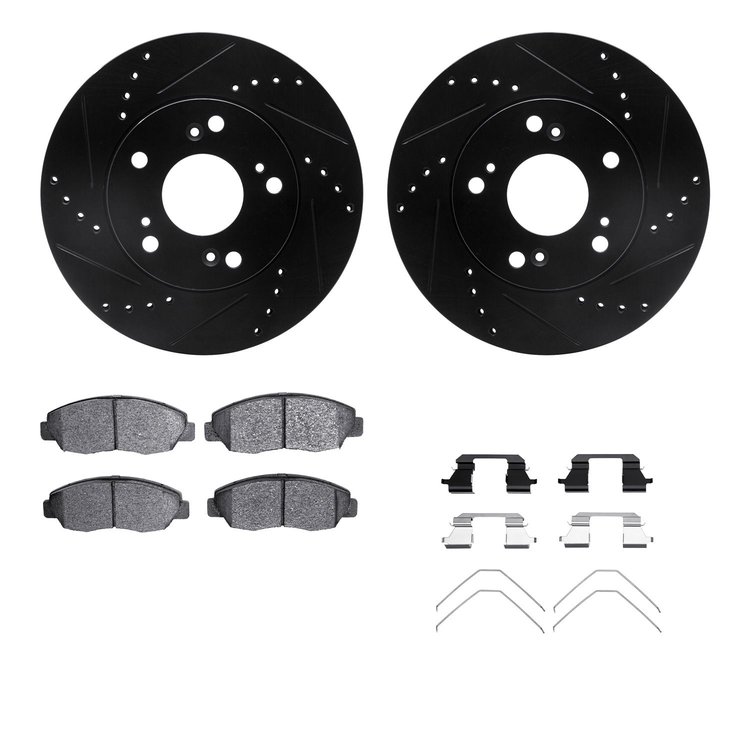 8312-59091 Drilled/Slotted Brake Rotors with 3000-Series Ceramic Brake Pads Kit & Hardware [Black], 2012-2015 Acura/Honda, Posit