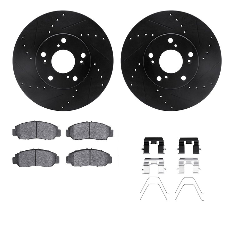 8312-59095 Drilled/Slotted Brake Rotors with 3000-Series Ceramic Brake Pads Kit & Hardware [Black], 2003-2021 Acura/Honda, Posit