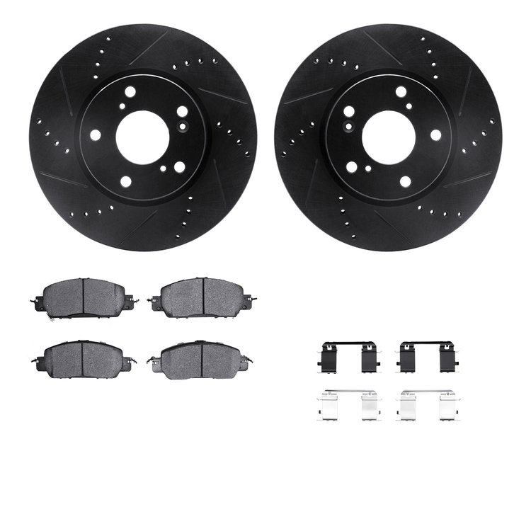 8312-59106 Drilled/Slotted Brake Rotors with 3000-Series Ceramic Brake Pads Kit & Hardware [Black], 2016-2017 Acura/Honda, Posit