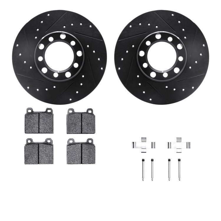 8312-63011 Drilled/Slotted Brake Rotors with 3000-Series Ceramic Brake Pads Kit & Hardware [Black], 1968-1976 Mercedes-Benz, Pos