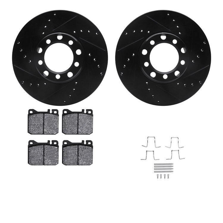 8312-63017 Drilled/Slotted Brake Rotors with 3000-Series Ceramic Brake Pads Kit & Hardware [Black], 1973-1979 Mercedes-Benz, Pos