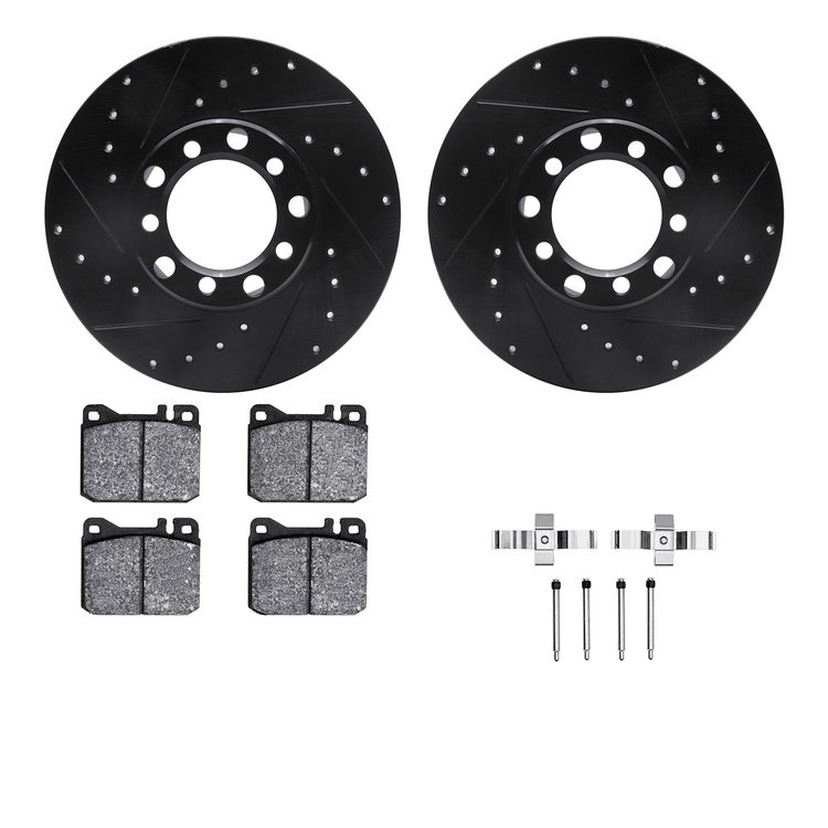8312-63018 Drilled/Slotted Brake Rotors with 3000-Series Ceramic Brake Pads Kit & Hardware [Black], 1973-1979 Mercedes-Benz, Pos