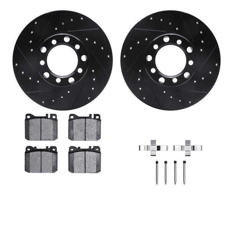 8312-63021 Drilled/Slotted Brake Rotors with 3000-Series Ceramic Brake Pads Kit & Hardware [Black], 1979-1985 Mercedes-Benz, Pos