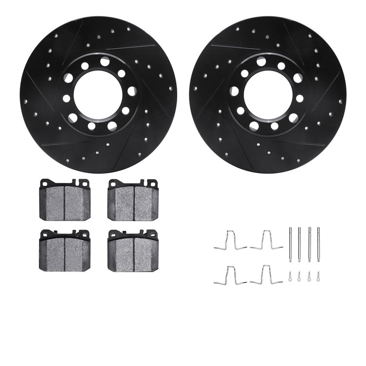 8312-63022 Drilled/Slotted Brake Rotors with 3000-Series Ceramic Brake Pads Kit & Hardware [Black], 1979-1985 Mercedes-Benz, Pos