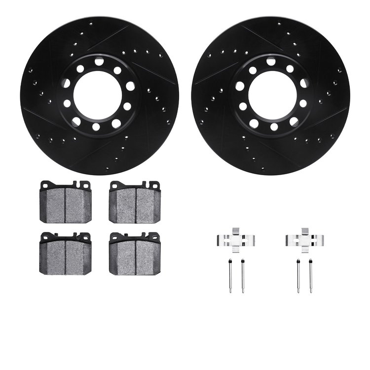 8312-63024 Drilled/Slotted Brake Rotors with 3000-Series Ceramic Brake Pads Kit & Hardware [Black], 1979-1980 Mercedes-Benz, Pos