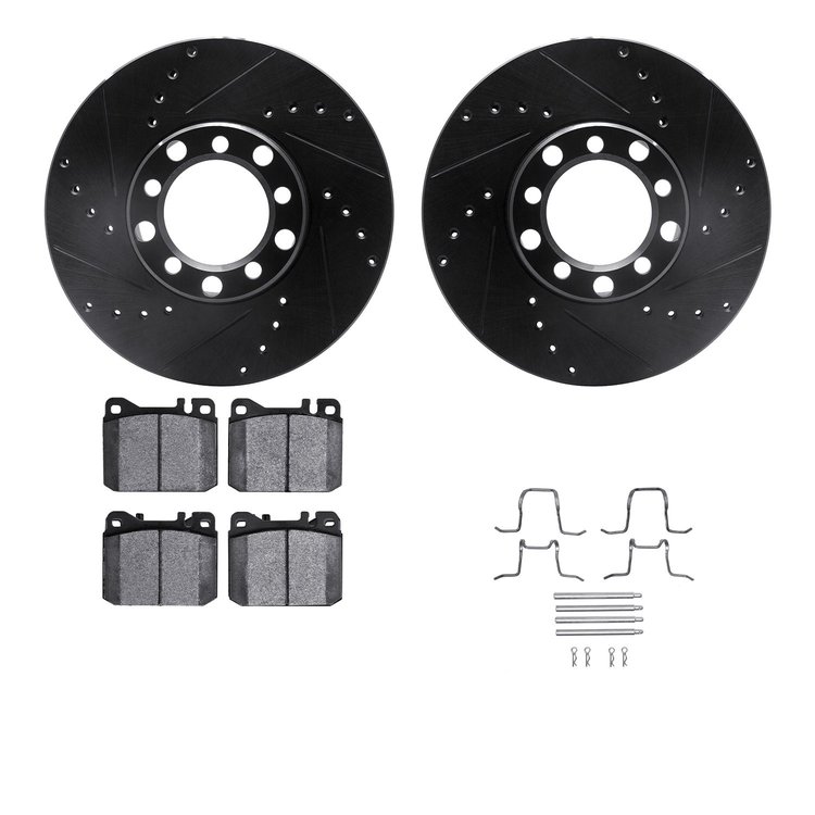 8312-63025 Drilled/Slotted Brake Rotors with 3000-Series Ceramic Brake Pads Kit & Hardware [Black], 1979-1985 Mercedes-Benz, Pos