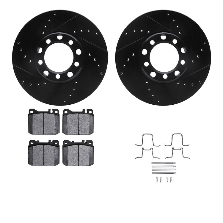 8312-63026 Drilled/Slotted Brake Rotors with 3000-Series Ceramic Brake Pads Kit & Hardware [Black], 1979-1980 Mercedes-Benz, Pos