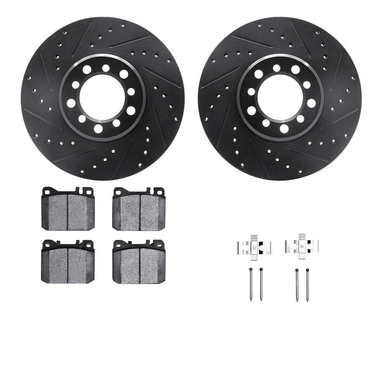 8312-63027 Drilled/Slotted Brake Rotors with 3000-Series Ceramic Brake Pads Kit & Hardware [Black], 1985-1991 Mercedes-Benz, Pos
