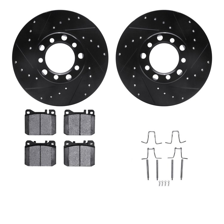 8312-63028 Drilled/Slotted Brake Rotors with 3000-Series Ceramic Brake Pads Kit & Hardware [Black], 1980-1985 Mercedes-Benz, Pos
