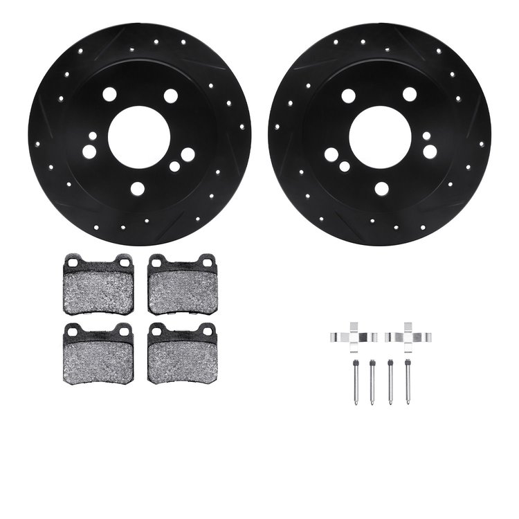 8312-63029 Drilled/Slotted Brake Rotors with 3000-Series Ceramic Brake Pads Kit & Hardware [Black], 1984-1995 Mercedes-Benz, Pos