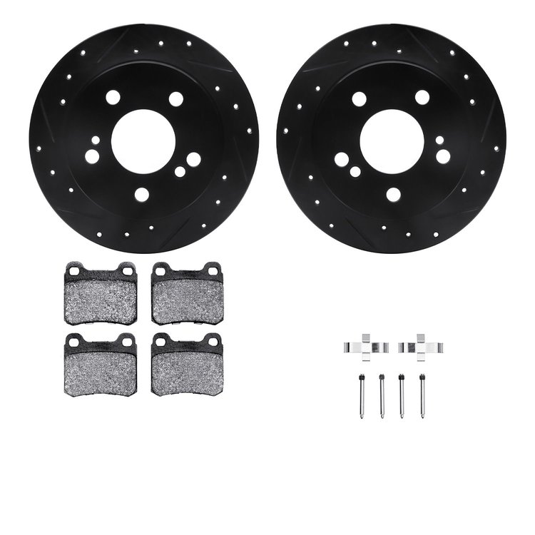 8312-63031 Drilled/Slotted Brake Rotors with 3000-Series Ceramic Brake Pads Kit & Hardware [Black], 1984-1989 Mercedes-Benz, Pos