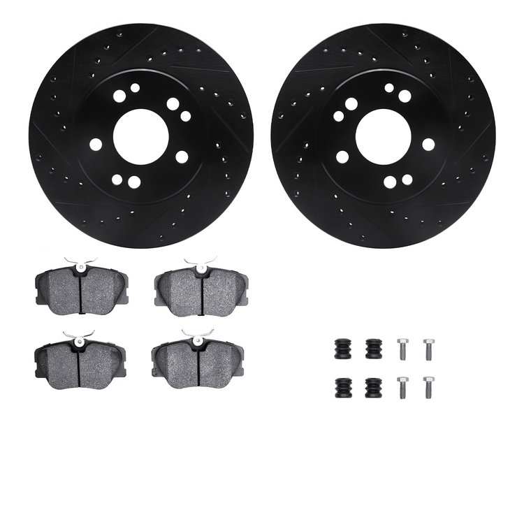 8312-63033 Drilled/Slotted Brake Rotors with 3000-Series Ceramic Brake Pads Kit & Hardware [Black], 1984-1995 Mercedes-Benz, Pos