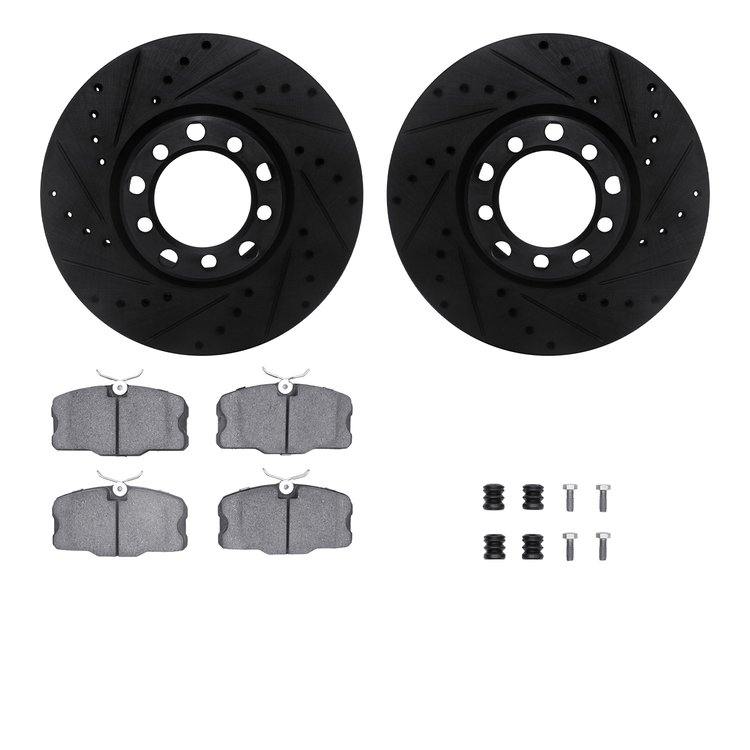 8312-63035 Drilled/Slotted Brake Rotors with 3000-Series Ceramic Brake Pads Kit & Hardware [Black], 1984-1985 Mercedes-Benz, Pos