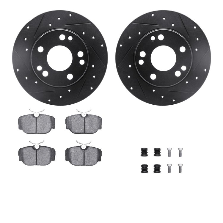 8312-63036 Drilled/Slotted Brake Rotors with 3000-Series Ceramic Brake Pads Kit & Hardware [Black], 1984-1989 Mercedes-Benz, Pos