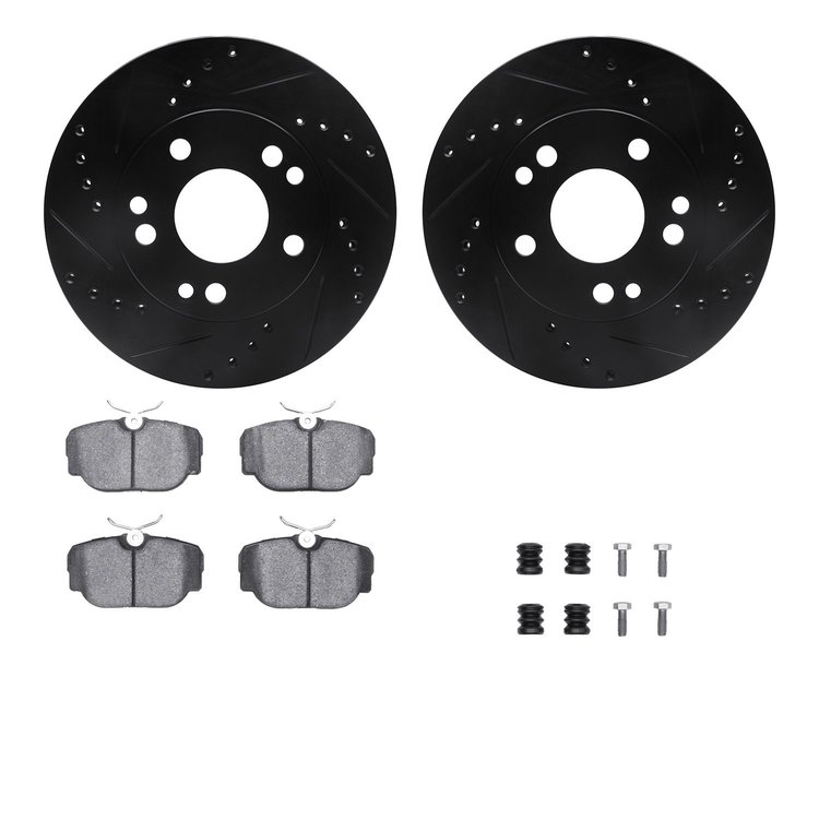 8312-63037 Drilled/Slotted Brake Rotors with 3000-Series Ceramic Brake Pads Kit & Hardware [Black], 1987-1987 Mercedes-Benz, Pos
