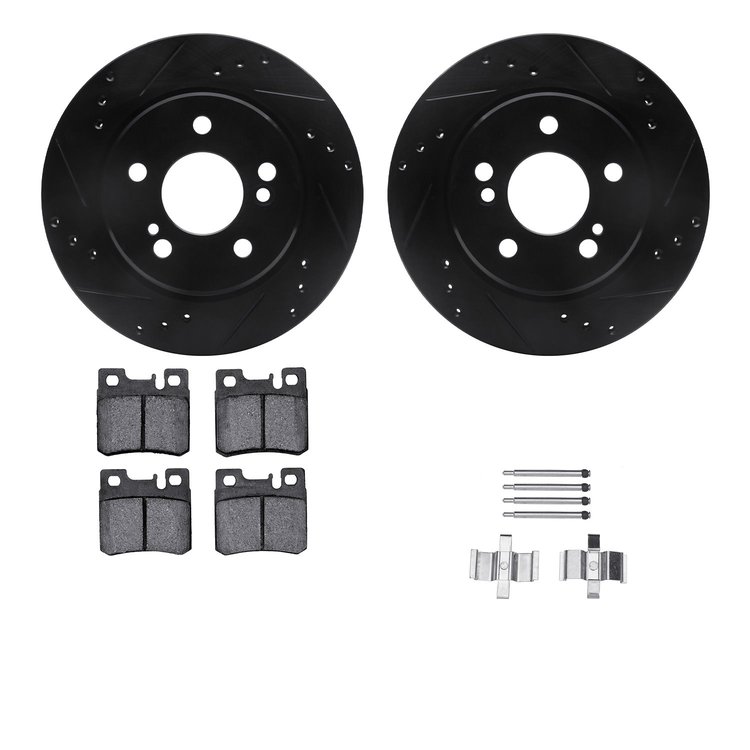8312-63041 Drilled/Slotted Brake Rotors with 3000-Series Ceramic Brake Pads Kit & Hardware [Black], 1992-1994 Mercedes-Benz, Pos