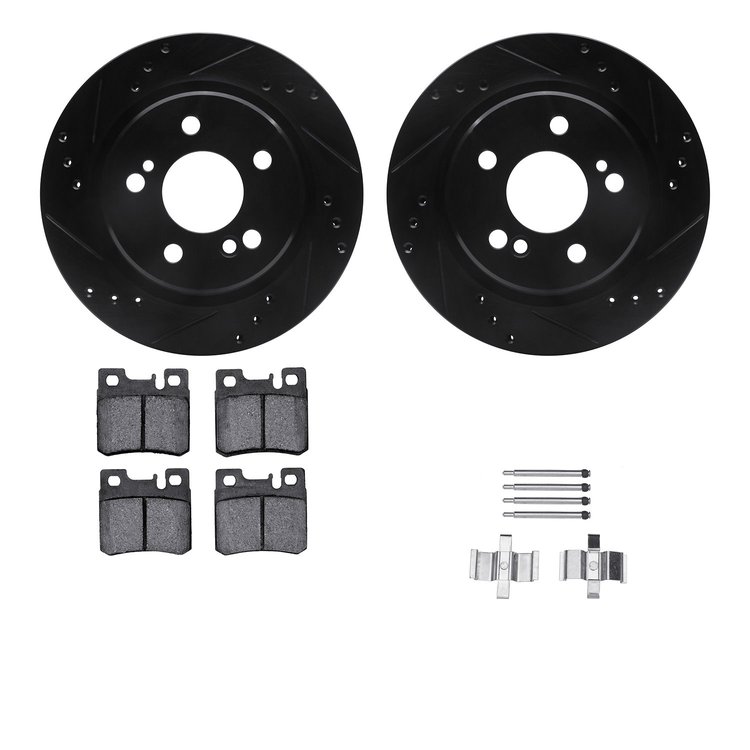 8312-63042 Drilled/Slotted Brake Rotors with 3000-Series Ceramic Brake Pads Kit & Hardware [Black], 1992-1995 Mercedes-Benz, Pos