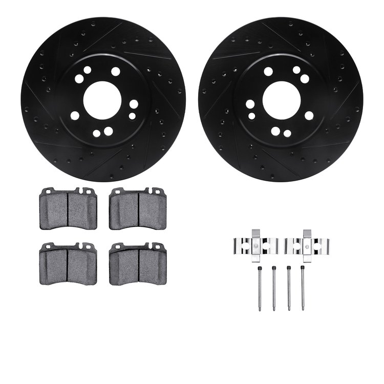 8312-63043 Drilled/Slotted Brake Rotors with 3000-Series Ceramic Brake Pads Kit & Hardware [Black], 1990-1998 Mercedes-Benz, Pos