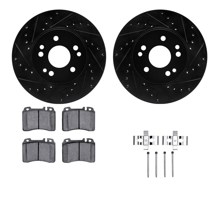 8312-63044 Drilled/Slotted Brake Rotors with 3000-Series Ceramic Brake Pads Kit & Hardware [Black], 1990-1995 Mercedes-Benz, Pos