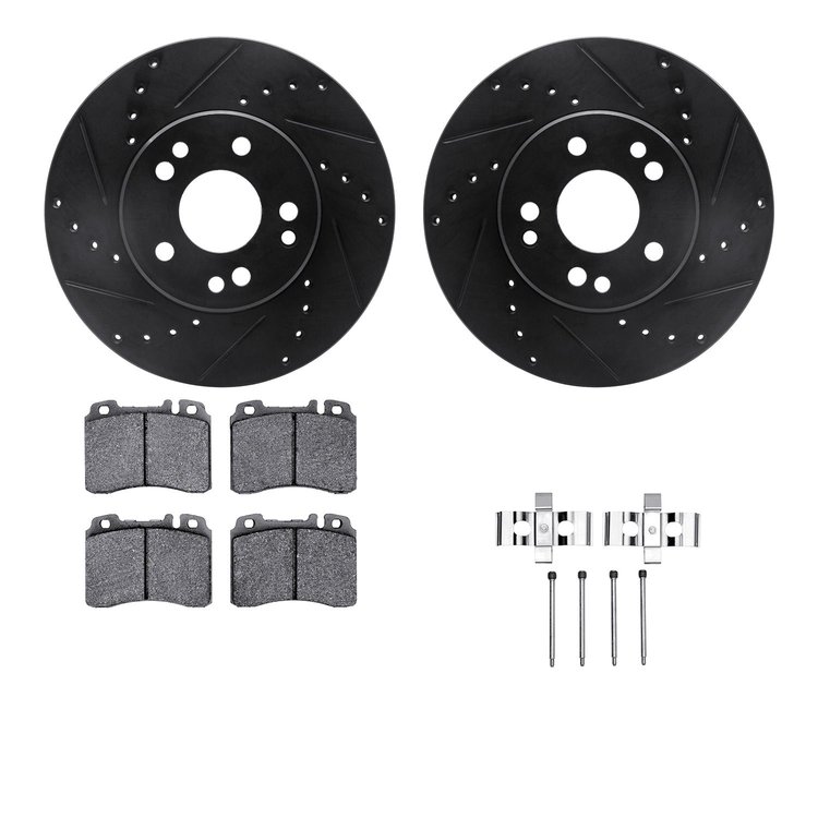 8312-63046 Drilled/Slotted Brake Rotors with 3000-Series Ceramic Brake Pads Kit & Hardware [Black], 1990-1995 Mercedes-Benz, Pos