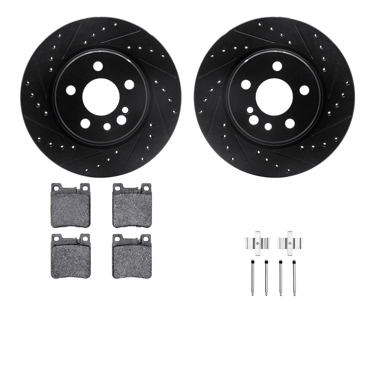 8312-63049 Drilled/Slotted Brake Rotors with 3000-Series Ceramic Brake Pads Kit & Hardware [Black], 1992-1999 Mercedes-Benz, Pos