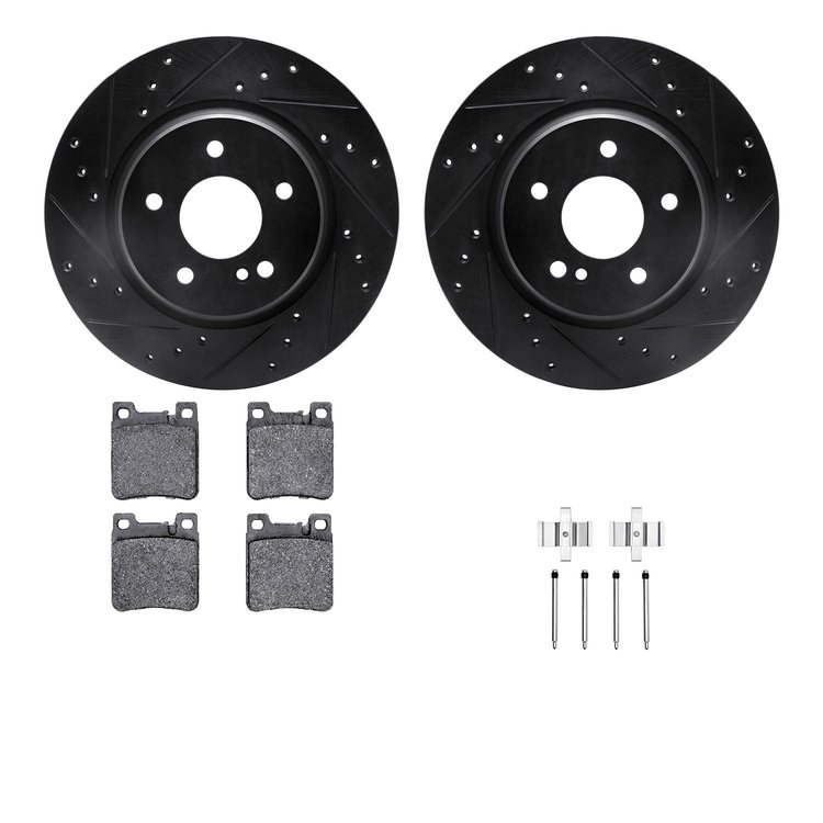 8312-63051 Drilled/Slotted Brake Rotors with 3000-Series Ceramic Brake Pads Kit & Hardware [Black], 1998-2009 Multiple Makes/Mod