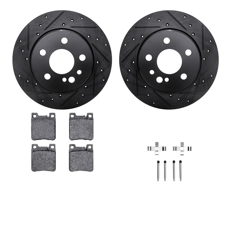 8312-63052 Drilled/Slotted Brake Rotors with 3000-Series Ceramic Brake Pads Kit & Hardware [Black], 1991-1999 Mercedes-Benz, Pos