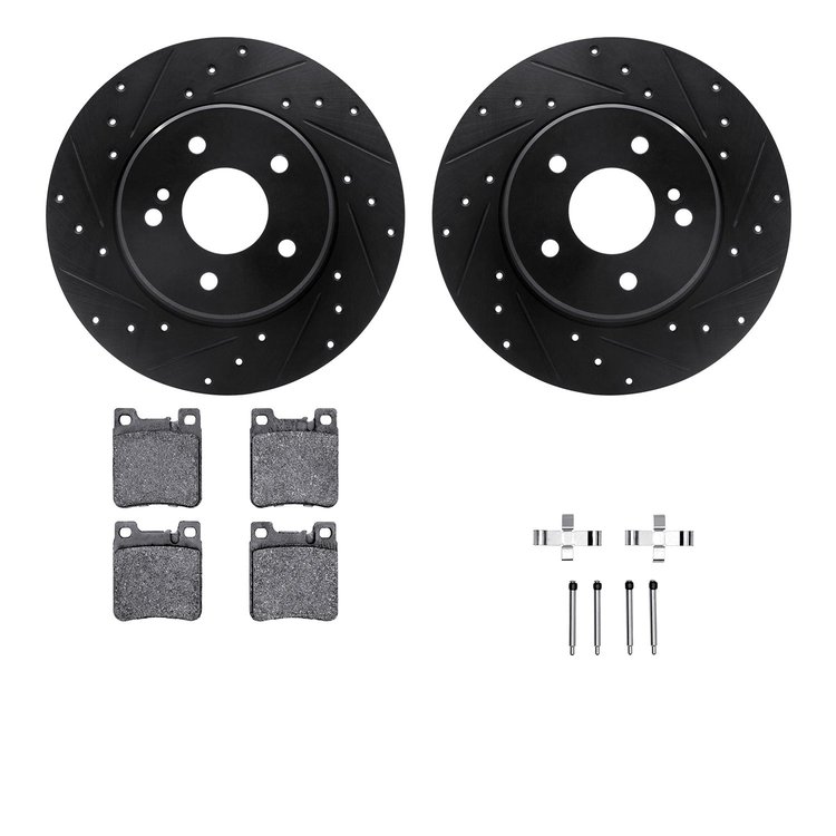 8312-63053 Drilled/Slotted Brake Rotors with 3000-Series Ceramic Brake Pads Kit & Hardware [Black], 1998-2003 Mercedes-Benz, Pos