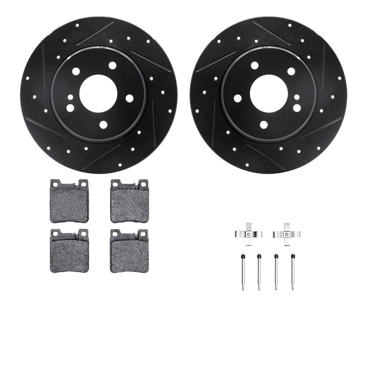 8312-63054 Drilled/Slotted Brake Rotors with 3000-Series Ceramic Brake Pads Kit & Hardware [Black], 1994-2000 Mercedes-Benz, Pos