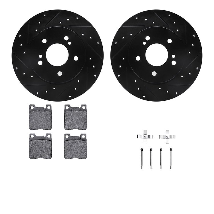 8312-63055 Drilled/Slotted Brake Rotors with 3000-Series Ceramic Brake Pads Kit & Hardware [Black], 1996-1998 Mercedes-Benz, Pos