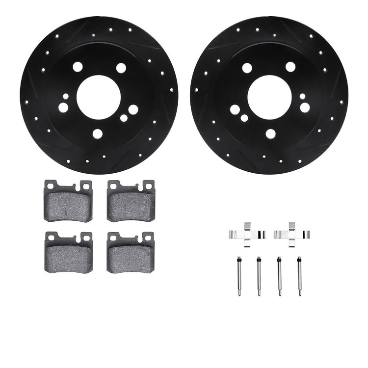 8312-63057 Drilled/Slotted Brake Rotors with 3000-Series Ceramic Brake Pads Kit & Hardware [Black], 1986-1993 Mercedes-Benz, Pos