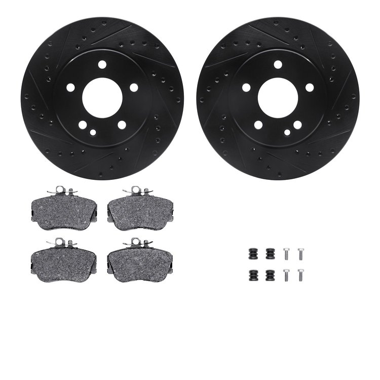 8312-63059 Drilled/Slotted Brake Rotors with 3000-Series Ceramic Brake Pads Kit & Hardware [Black], 1994-1997 Mercedes-Benz, Pos