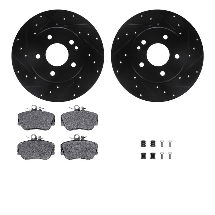 8312-63060 Drilled/Slotted Brake Rotors with 3000-Series Ceramic Brake Pads Kit & Hardware [Black], 1997-1998 Mercedes-Benz, Pos