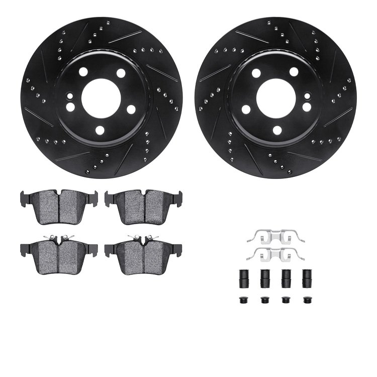 8312-63141 Drilled/Slotted Brake Rotors with 3000-Series Ceramic Brake Pads Kit & Hardware [Black], Fits Select Mercedes-Benz, P