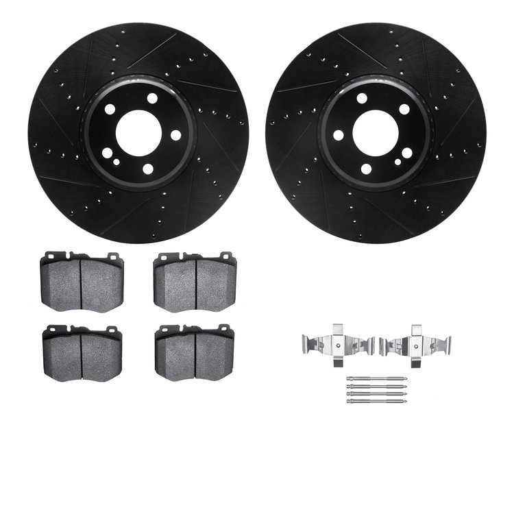 8312-63143 Drilled/Slotted Brake Rotors with 3000-Series Ceramic Brake Pads Kit & Hardware [Black], Fits Select Mercedes-Benz, P
