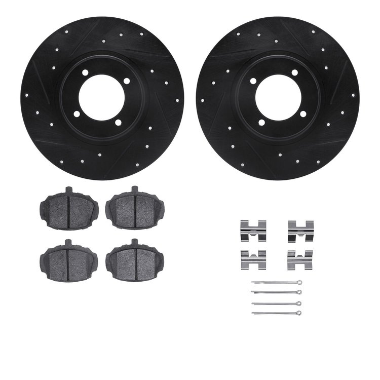 8312-64001 Drilled/Slotted Brake Rotors with 3000-Series Ceramic Brake Pads Kit & Hardware [Black], 1962-1980 MG, Position: Fron