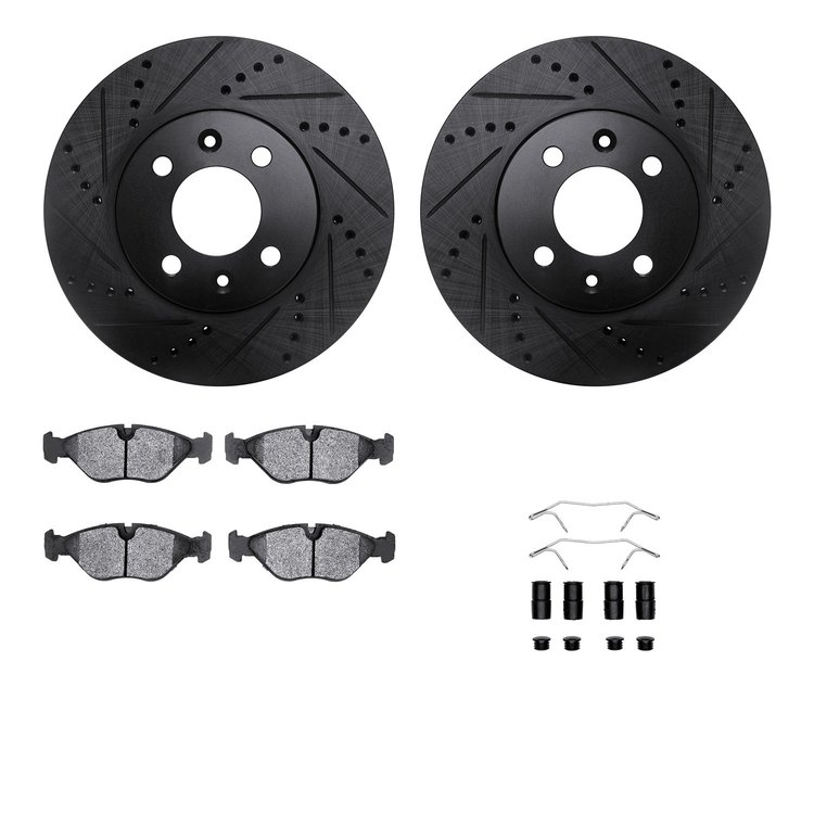 8312-65008 Drilled/Slotted Brake Rotors with 3000-Series Ceramic Brake Pads Kit & Hardware [Black], 1988-1998 GM, Position: Fron