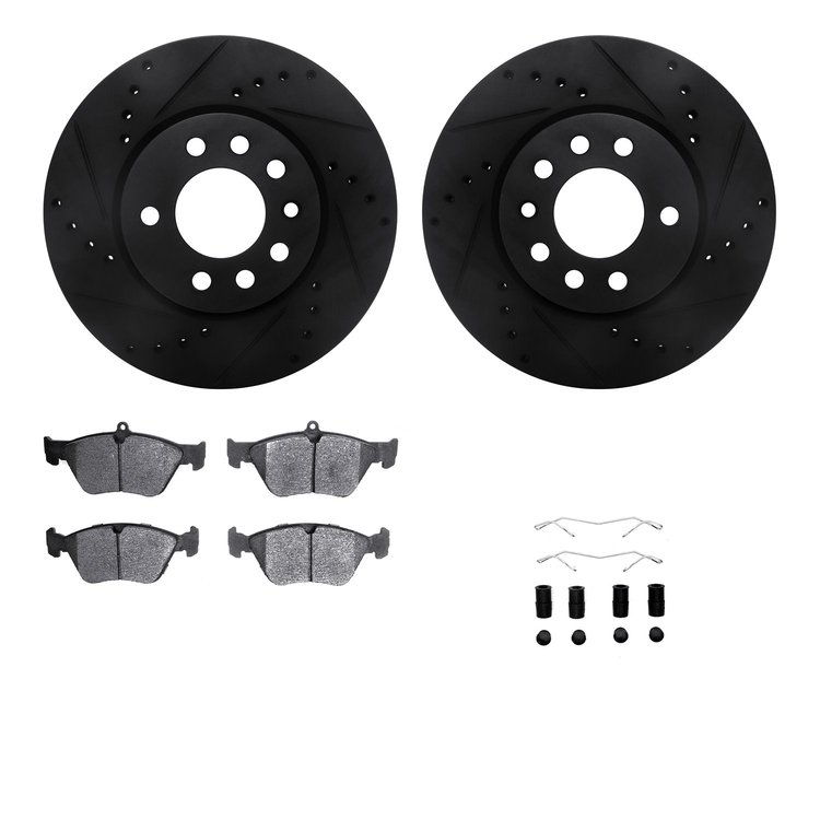 8312-65009 Drilled/Slotted Brake Rotors with 3000-Series Ceramic Brake Pads Kit & Hardware [Black], 1994-1996 GM, Position: Fron