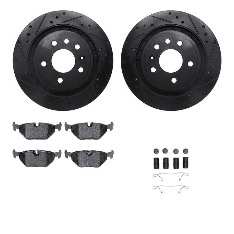 8312-65011 Drilled/Slotted Brake Rotors with 3000-Series Ceramic Brake Pads Kit & Hardware [Black], 2002-2010 GM, Position: Rear