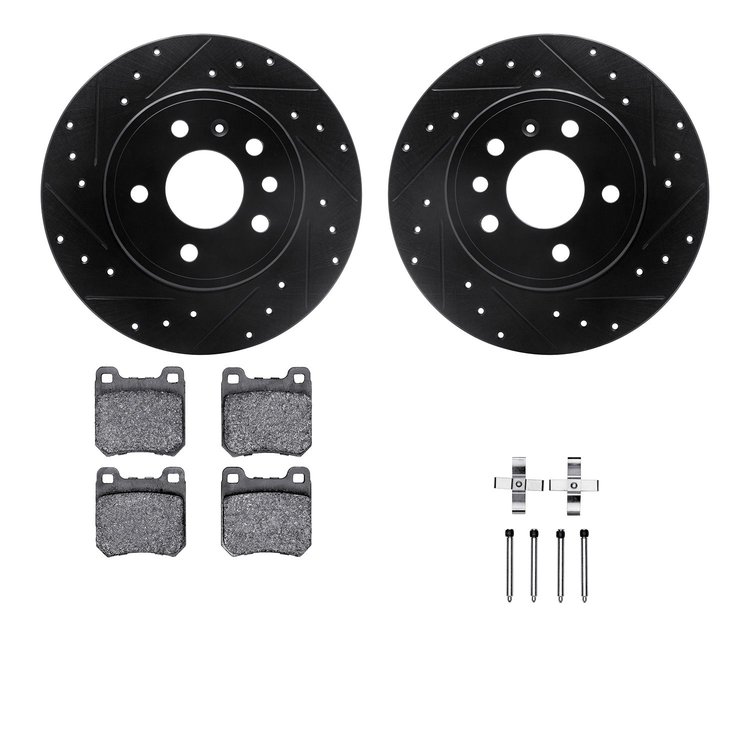 8312-65012 Drilled/Slotted Brake Rotors with 3000-Series Ceramic Brake Pads Kit & Hardware [Black], 1997-2008 GM, Position: Rear