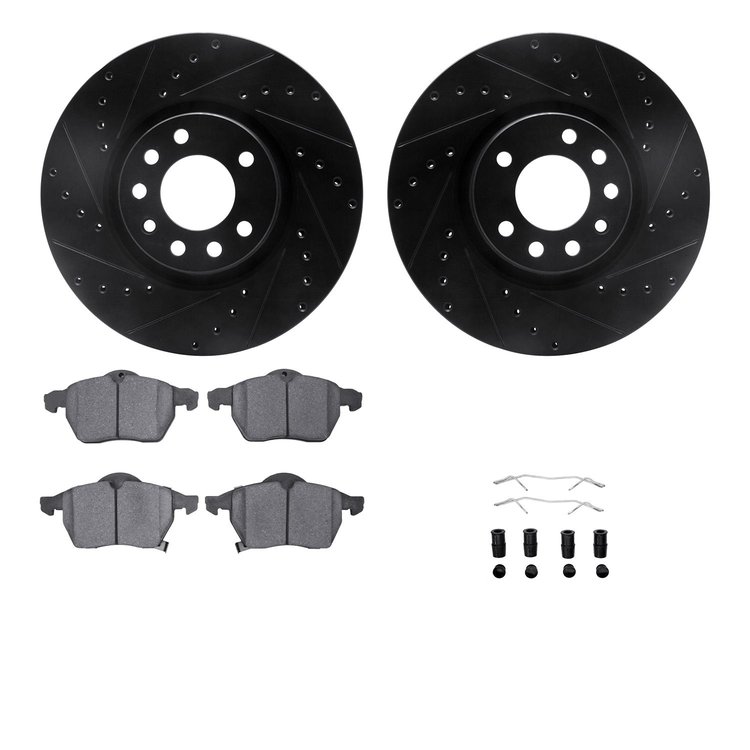 8312-65014 Drilled/Slotted Brake Rotors with 3000-Series Ceramic Brake Pads Kit & Hardware [Black], 1999-2010 GM, Position: Fron
